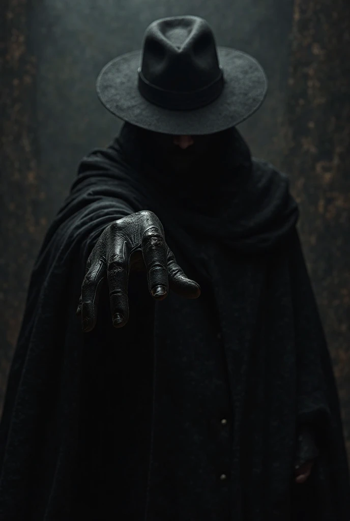 A man dressed in black with a black hat in the dark taking a book with his hand