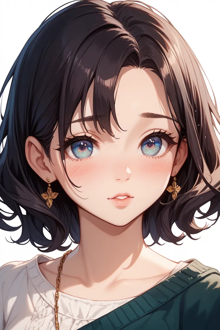 Anime style beauty、Dark hair with medium hair 、 big eyes、adorable expression、 looks good、I'm closing my mouth tightly、Cheeks are a little red、white background