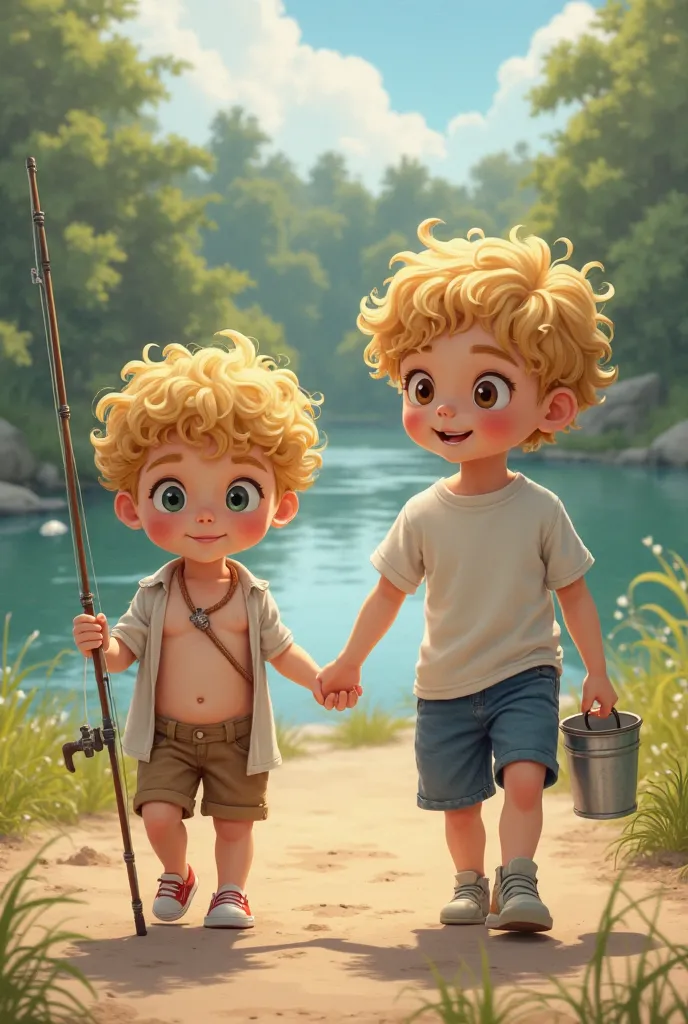 A cute boy with golden hair, curly hair, the first took off his shirt, his right hand holding a fishing rod, the second in a white shirt, his right hand holding a zinc bucket, walking on a dirt road. In front of it was a river.