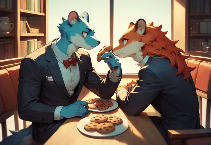 Best quality masterpiece, a duo , a girl and a boy, girl furry, Random furry, Male Furry , zorro, wearing a long dress, long hair, and the other a suit,  sitting on a table, looking at each other, Restaurant, cookies, has, on the table, books, shelves in t...