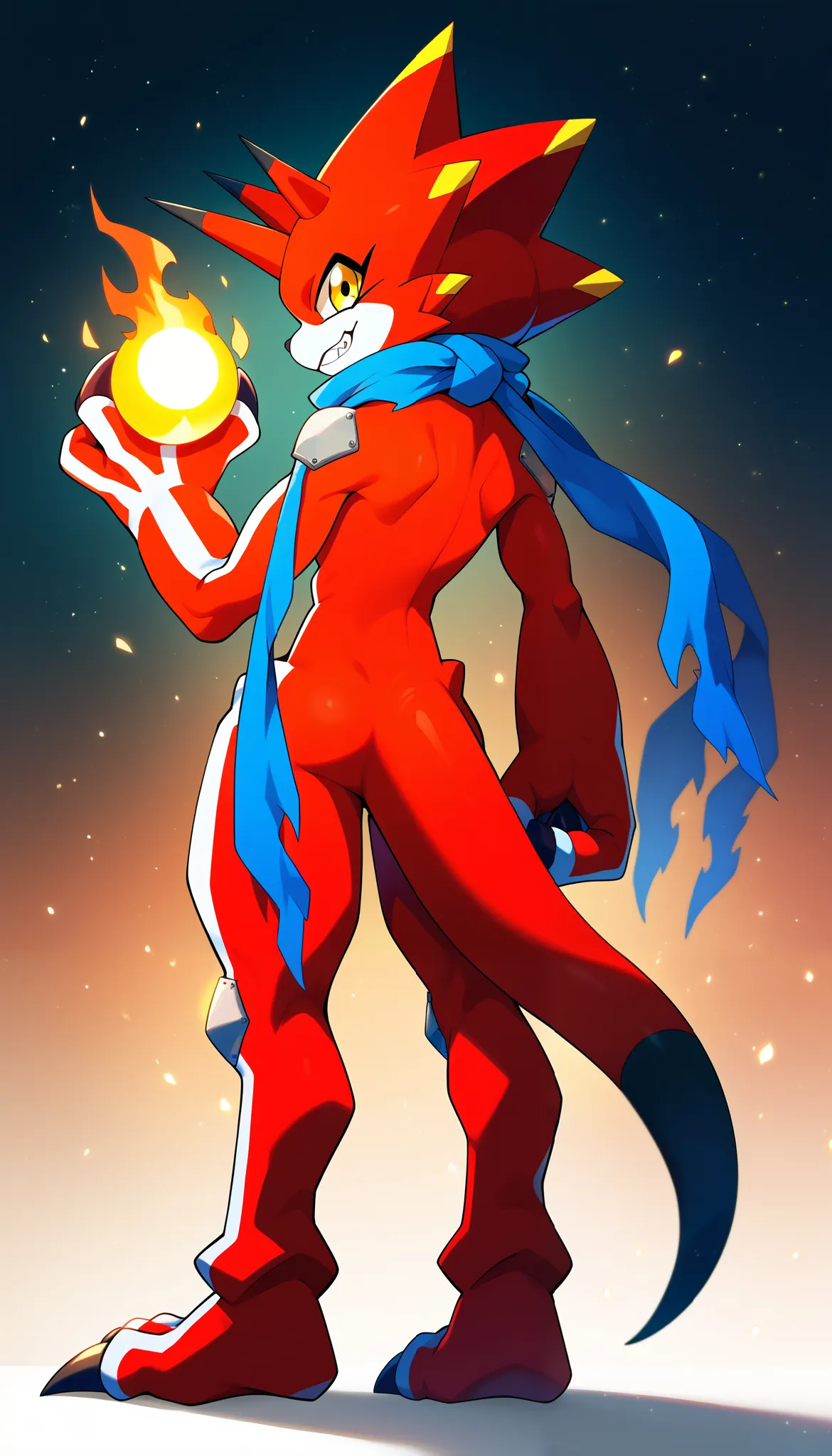 betelgammamon,digimon (creature),red skin,scarf,yellow eyes,full body, standing,score_6_up,score_7_up,score_8,score_9,clenched teeth,smirk,solo,fire ball on hand,fire particles,back view, turn back, looking at you,