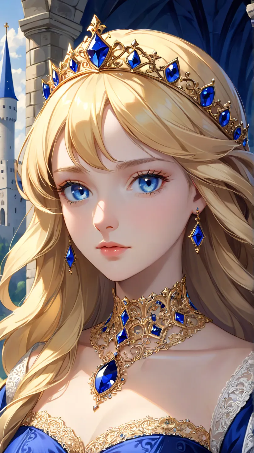 (Extreme close-up, Face-focused portrait)) A close-up portrait of a graceful medieval princess with deep sapphire-blue eyes, exuding nobility. Her golden-blonde hair cascades in soft waves, adorned with an elegant jewel-encrusted tiara. She wears an intric...