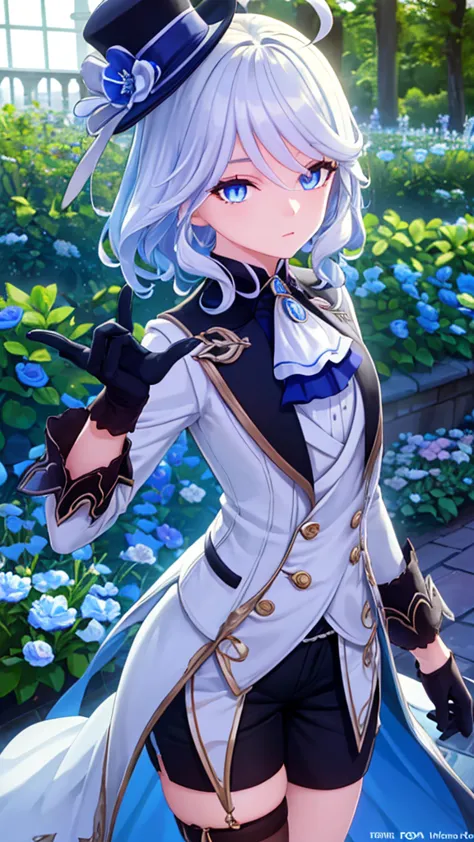 Masterpieces, Best Quality, girl, looking at viewer, furina, short hair, ahoge, white hair, blue eyes,
BREAK gloves, hat, shorts, black gloves, thigh strap, black shorts, top hat, ascot, brooch,