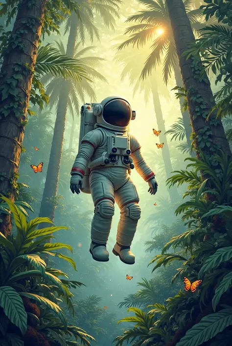 Astronaut floating lost in a tropical forest in 2D to draw on a mural