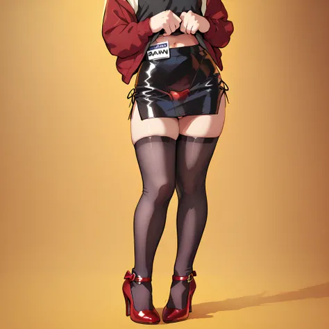  1femboy, stands on his feet, short black hair,  brown eyes,  red thong, black sweatshirt with the words "sissyboy",  black stockings, black skirt length stockings, red high heels, shy,  decent, the navel is not open, and the skirt is not raised