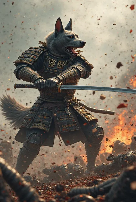 The dog dressed up as a samurai and swung down his sword　Slashing the enemy　There are fallen enemies all around