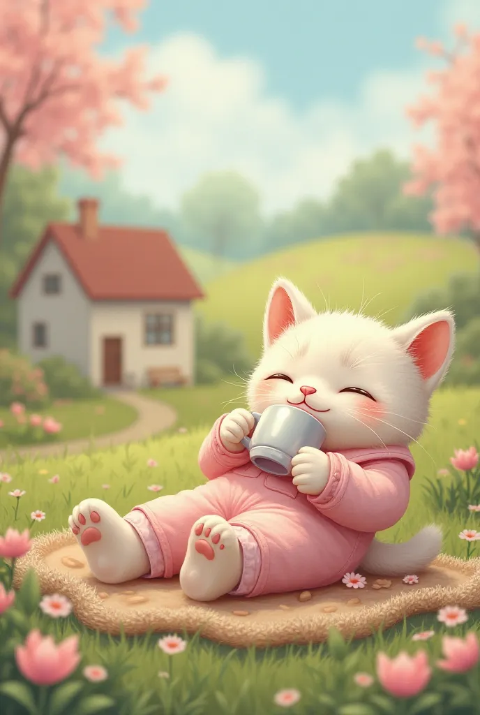  anthropomorphic kitten in soft pink overalls, lying on the grass with a cup of tea, looking relaxed and happy. The background features a dreamy countryside house and blooming flowers.