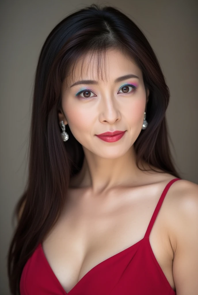 A close-up portrait of a beautiful and curvy middle-aged Japanese woman, 48 years old, with sleek, long straight hair. Her hair is glossy and smooth, emphasizing her elegant aura. She wears bold and artistic makeup with a gradient of vibrant blue and purpl...