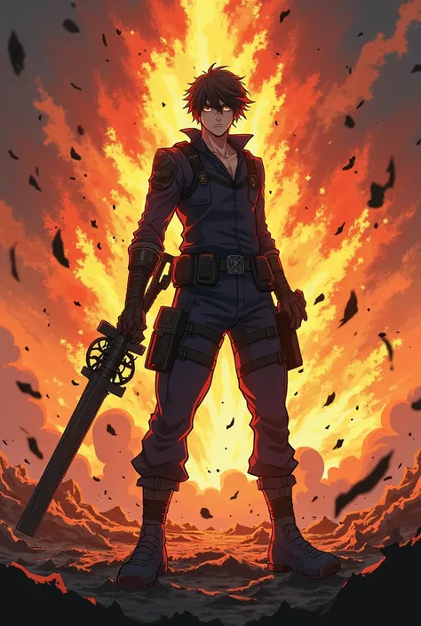 Anime poster 1 mercenary on battlefield carrying weapon with fire explosion background