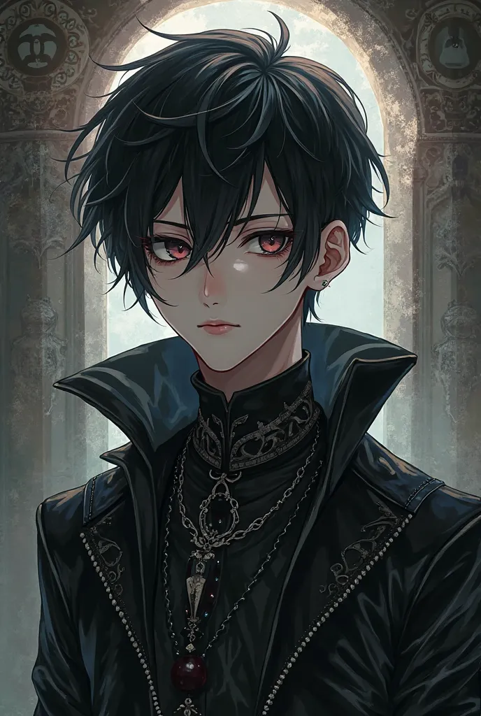 Male, Short Hair, Anime Style, Solo, Slender, Goth, Black Hair, Gothic Background, Occult, Piercings, Looking At Camera, Masculine,
