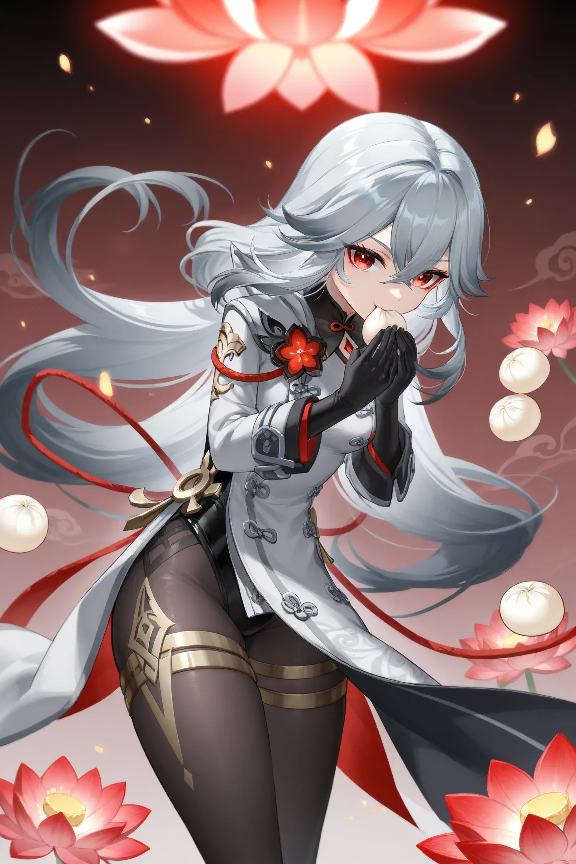 、 best thighs、 Genshin、beautiful skin、Clear shadows、front、 Long Coat 、Gray Hair、 red eyes、black tights、Machine clothes、 long hair、Eating dumplings、red lotus