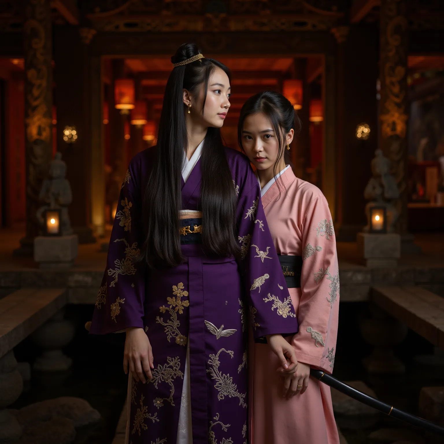 **“In the heart of an ancient subterranean Japanese temple, illuminated by the soft glow of paper lanterns and the flickering light of sacred candles, stand two breathtakingly beautiful women, embodying both nobility and deadly grace. The air is thick with...