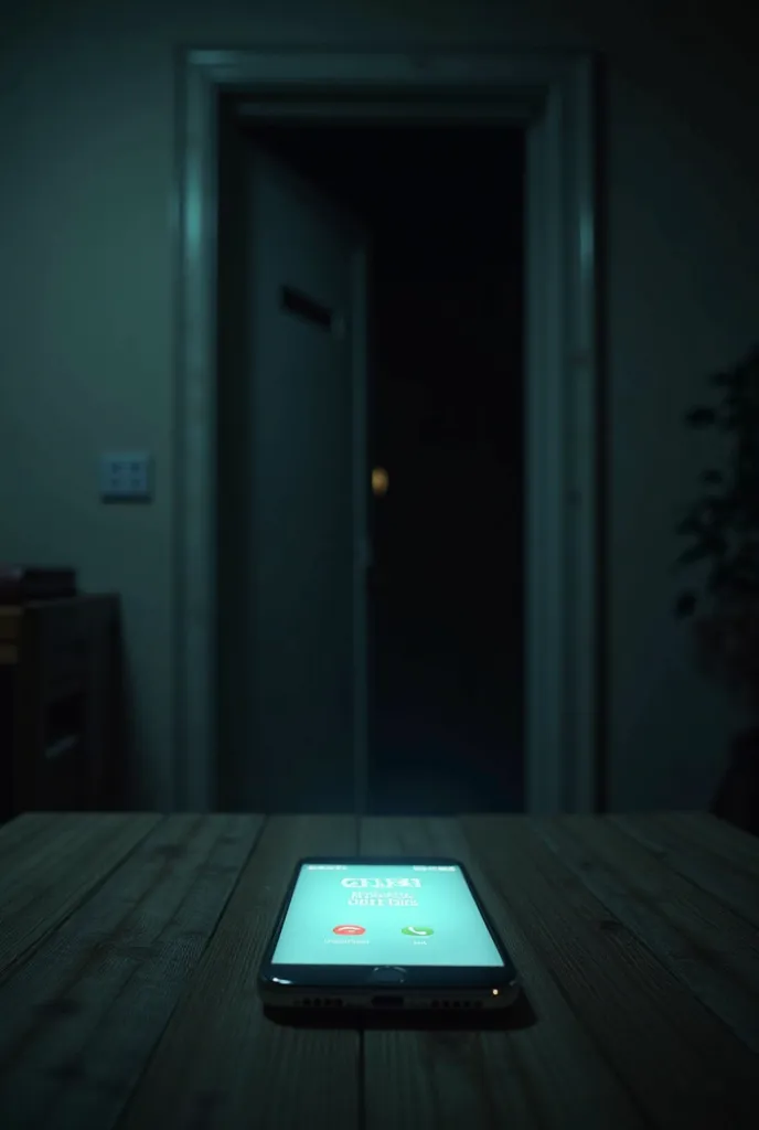 A phone screen glowing in the dark, showing a missed call from “Liam.” The phone is resting untouched on a wooden desk. Behind it, the attic door is slightly open, revealing pitch-black darkness.
