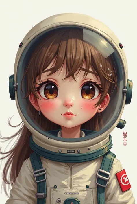  , white, long brown frizzy hair,  big eyes, long, frizzy eyelashes,  pink cheeks, small red smiley mouth, disguised as an astronaut 