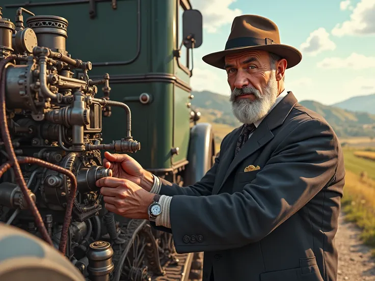 Very elegant 60-year-old man with a hat fixing a large truck in the year 1900