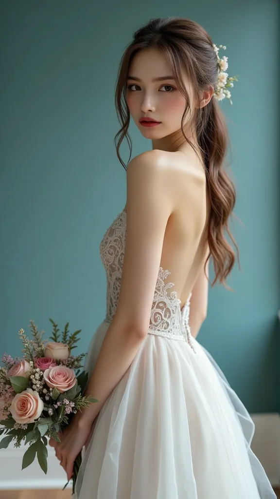 A photograph of a nude 27yo woman with fair skin and long, topless, straight brown hair in a bridal knot. She has a slender physique with medium breasts and is standing in a modern, minimalist room wearing a bridal gown. She is holding a bouquet of flowers...