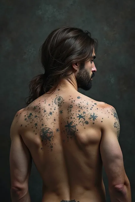 ( highly detailed ) A man turned on his back with long dark brown hair and a thin beard, he has pointy ears, long brown hair that falls slightly below the shoulder, high, broad shoulders and back, ink with some scars on the wide and muscular back, covered ...