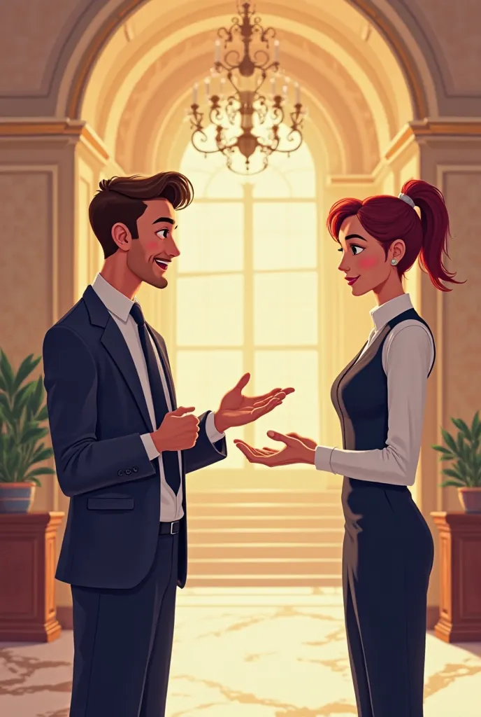 animated image of a person serving another in a hotel service 