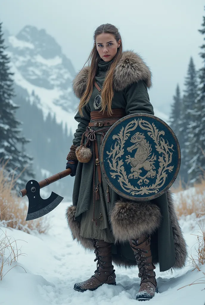 full body.Beautiful 25-year-old Viking woman in the cold Norwegian winter, dressed in period clothing armed with a shield and a Viking axe 