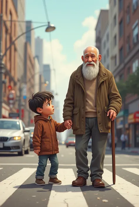 An image of a boy helping a grandpa cross the road