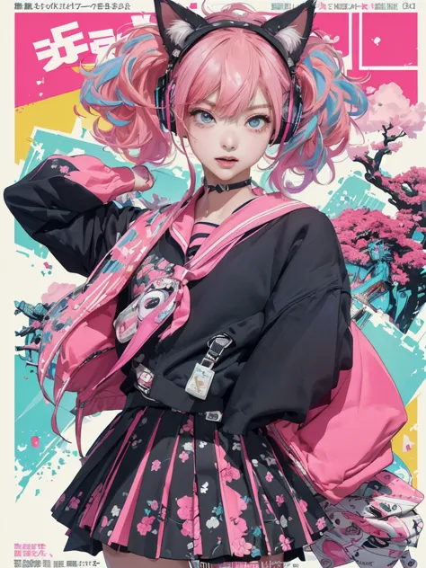 ((((dramatic))), (((Rough))), ((( intense))) film poster featuring a neon pink hair young woman as the central character. She stands confidently in the center of the poster, wearing a is stylish and edgy cat ear headphones Harajuku-inspired  and school gir...