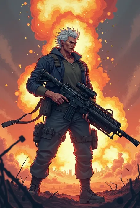 Anime poster 1 mercenary on battlefield carrying weapon with fire explosion background, White twoblock haired bloke and holding a firearm in lift