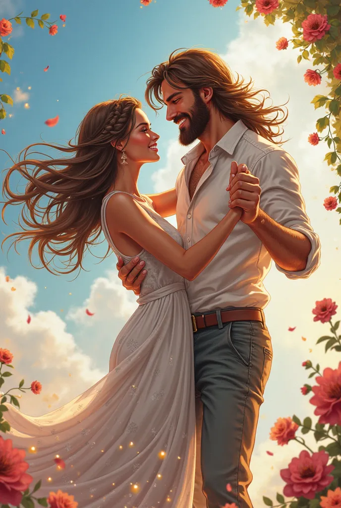 anime style art.Long-haired man with little beard, Caucasian skin and casual wear.The man will be smiling in the photo and dancing with a maiden