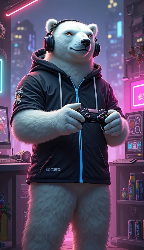 Stately polar bear dressed as a gamer