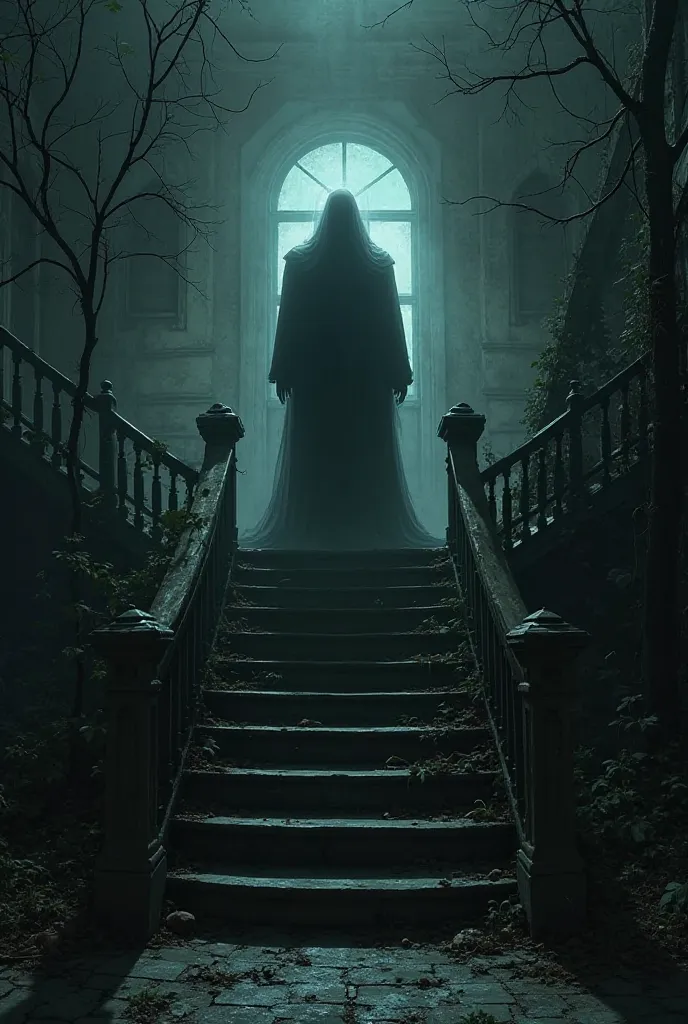 A black shadow resembling a man standing on the stairs of a haunted house