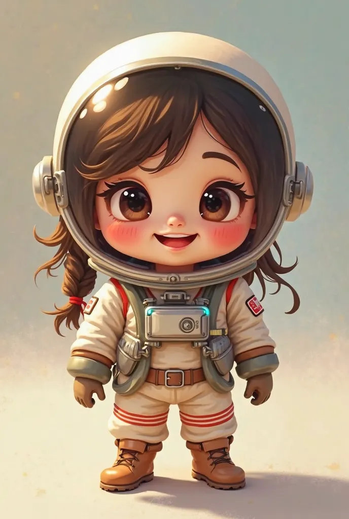 Animated little  girl, white, long brown frizzy hair half tied,  big eyes, long thick and frizzy lashes, small nose, blushing cheeks, small red smiley mouth, disguised as an astronaut 