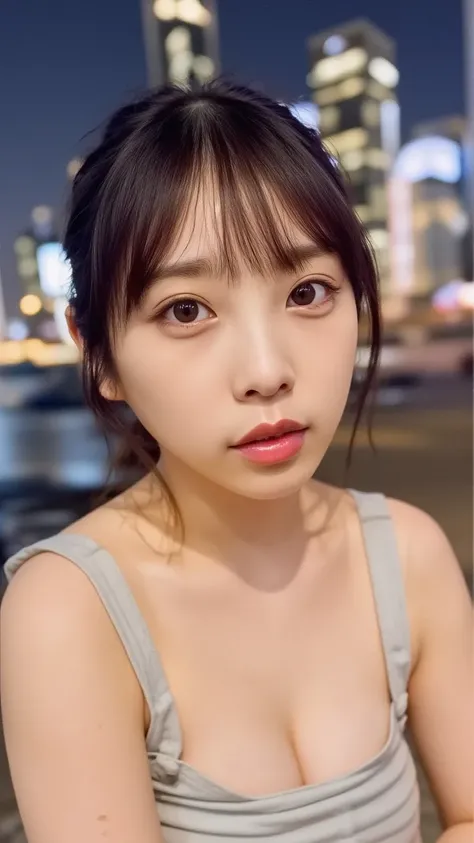 「against an urban cityscape、Portrait of a Japanese woman wearing casual clothes。Skyscrapers and city lights blurry in the background、slightly cool and modern vibe。Simple hairstyle、staring at the camera with a cool gaze。」
