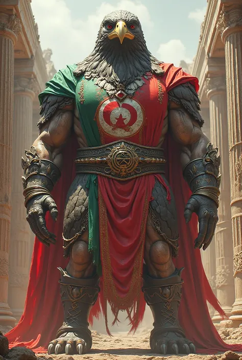 A giant man headed by an eagle wears the Tunisian flag