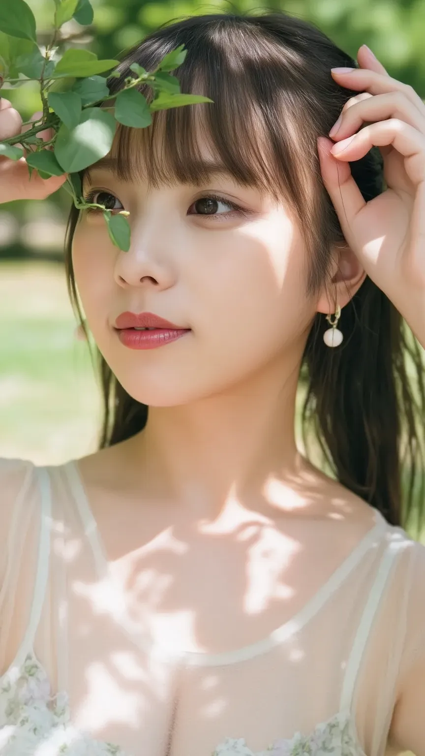 「In a lush park、Japanese woman relaxing while basking in the sun。swaying hair and casual clothes、Trees in the background々and flowers are vaguely reflected。Her natural smile is charming、Gentle portrait。」