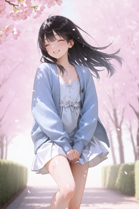  images、1 girl,  long hair,  black hair, high definition, anatomically correct, Highest quality, textured skin, Shiny Hair, hair fluttering in the wind, smiles, naughty,  elementary school student、pure、cute、short navy blue cardigan、Light cherry colored dre...