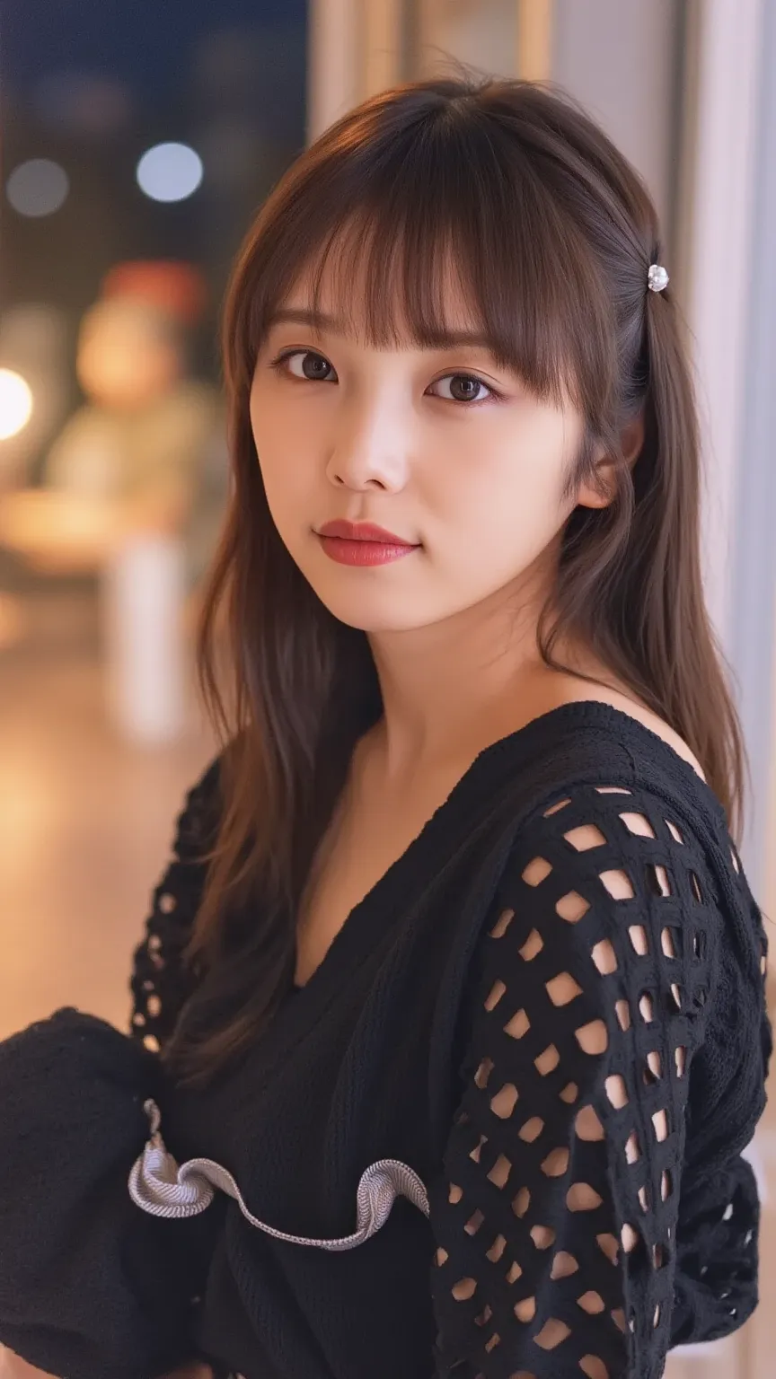 「Japanese woman dressed in chic black、staring at the camera with a stylish hairstyle and red lips。Night view of the city with a slightly blurred background、Light enhances women、Creates an air of sophistication。」