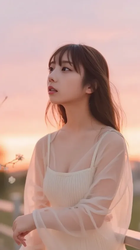 「 at dusk 、Her hair fluttering in the wind against a soft pink and orange sky、portrait of a Japanese woman looking into the distance。She wears a light-colored dress、creates a fantastic atmosphere。with slightly blurred flowers in the background。」