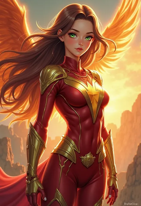 I want you to make me an 18-year-old anime girl in a gold and red superhero costume, What is the humanized Phoenix bird, Carcasque leather and caramel brown hair, with green eyes.