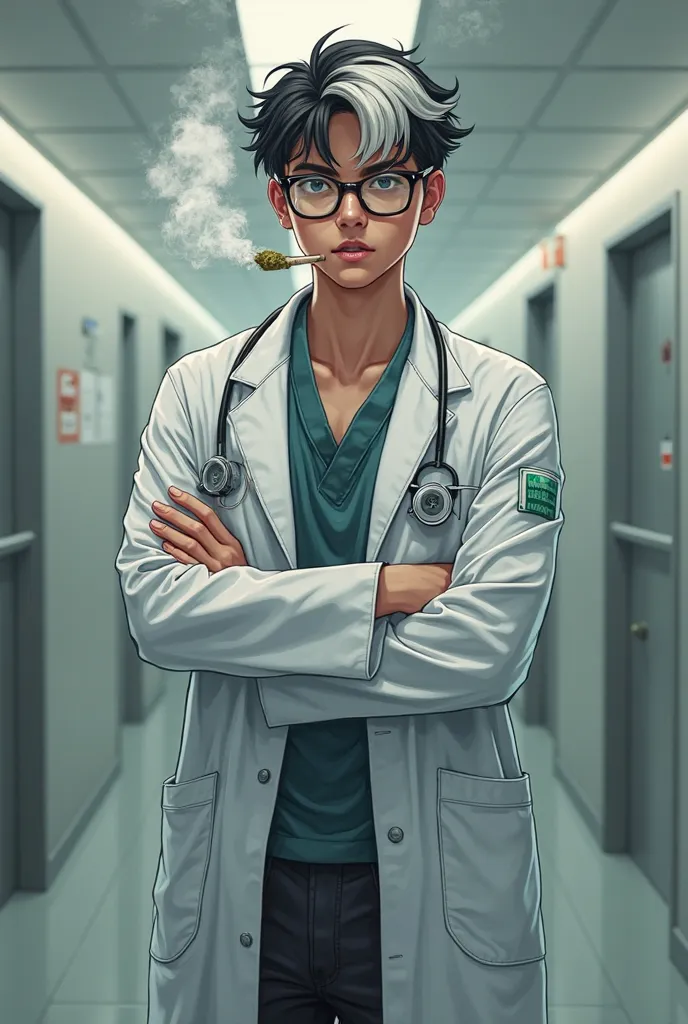 An image of a young doctor smoking a marijuana cigarette, Wearing a lab coat and a sling on the shoulder, arms crossed looking at the camera, with glasses, White and with black hair with a gradient