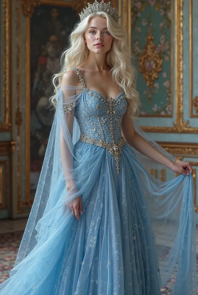 The princess has blue blond hair，Age 29 years，Skin looks like a cream，wears a long blue embroidered dress，white satin stockings， silver high heels 