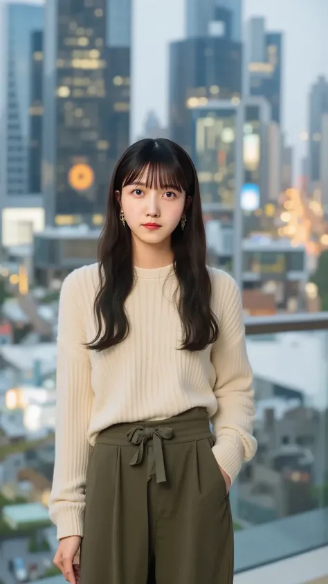 「against an urban cityscape、Portrait of a Japanese woman wearing casual clothes。Skyscrapers and city lights blurry in the background、slightly cool and modern vibe。Simple hairstyle、staring at the camera with a cool gaze。」
