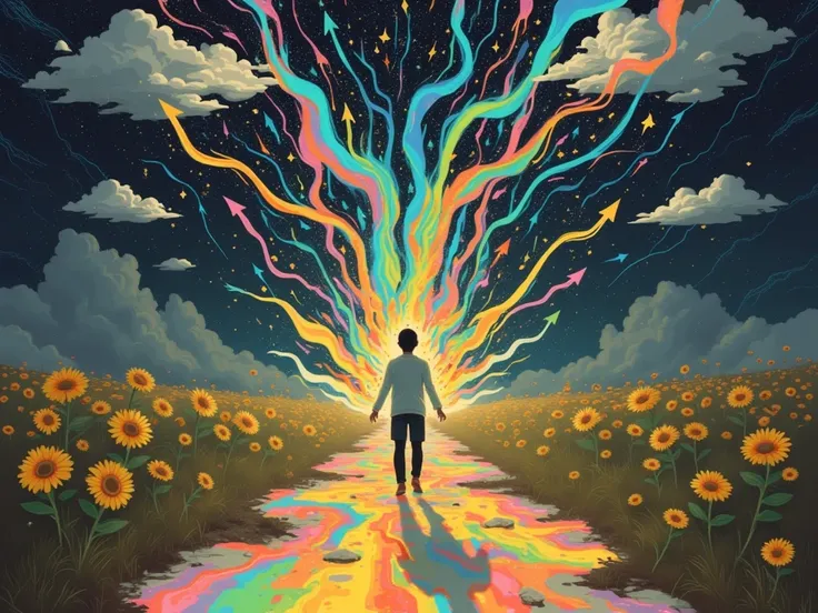 A surreal image of a person standing at a crossroads. One path is illuminated with light and positive symbols (like sunflowers and stars), while the other is dark and filled with storm clouds. The person's words are shown as arrows pointing toward the illu...