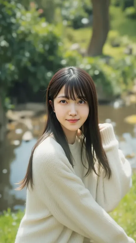 「In a lush park、Japanese woman relaxing while basking in the sun。swaying hair and casual clothes、Trees in the background々and flowers are vaguely reflected。Her natural smile is charming、Gentle portrait。」