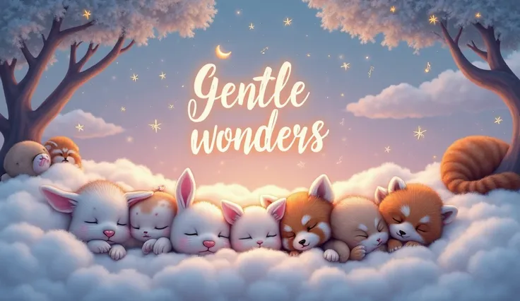 A wide, dreamy landscape featuring multiple sleeping baby animals resting together in a cozy setting. A baby bunny, a kitten, and a puppy are peacefully curled up on fluffy clouds, while a sleeping red panda rests on a tree branch. The soft background blen...