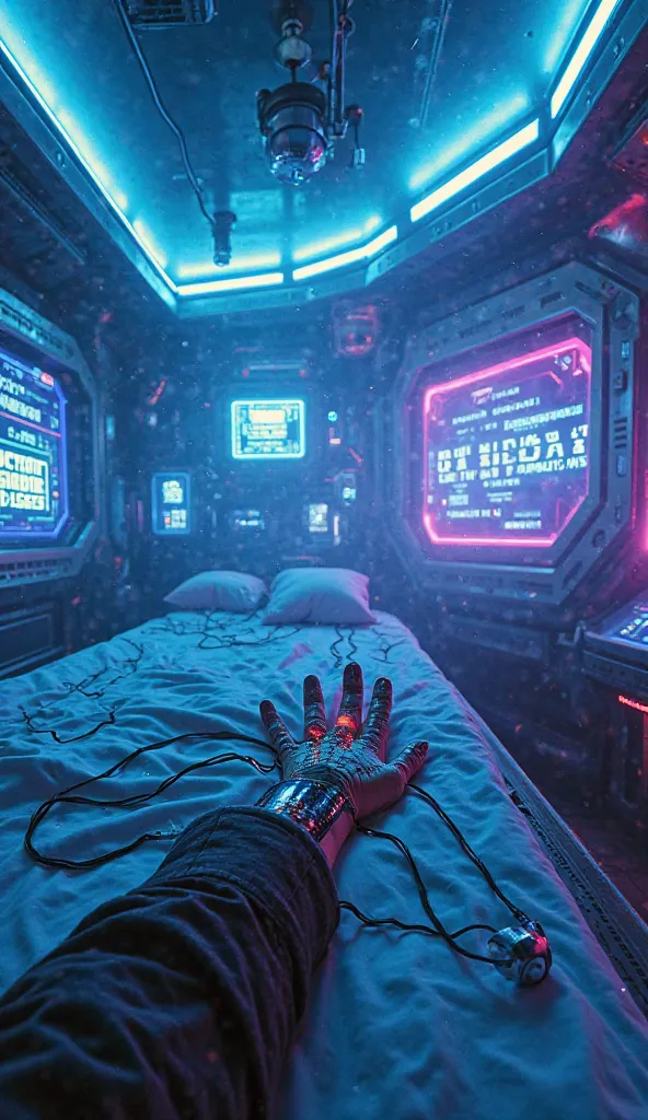  first-person perspective t-shirt. You wake up in a futuristic room with blue and purple neon lights pulsing softly. The metallic ceiling shines with floating holographic screens displaying an unknown tongue. next to, there is a high-tech bed with cables c...