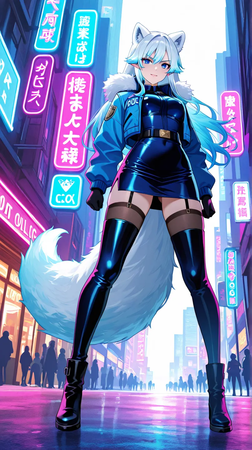 Waifu Arctic ice fox ,  with fox ears and tail, HD model, Wearing sexy police uniform, 