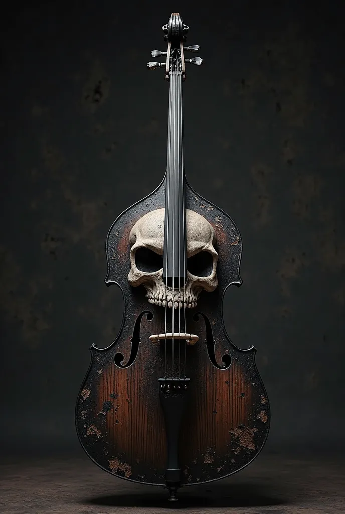 Design a black double bass, with a drawn skull and several scratches on the sides 