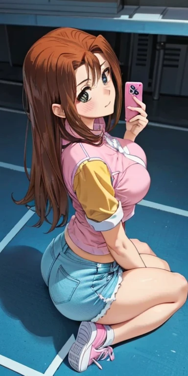     1 female, high definition,dementia,        ultra-realistic        ,8K, serenidaddm    ,     long hair,   Brown hair,         pink shirt    ,  blue shorts,     gray eyes, city,     blue sneakers    ,  big breasts,European,sexy,  foreground of the upper ...