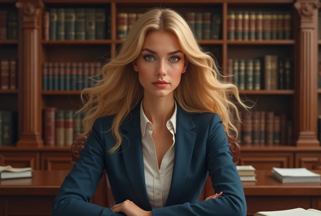  a young blond woman with blue eyes with aspirations to be a president of a country in an office  