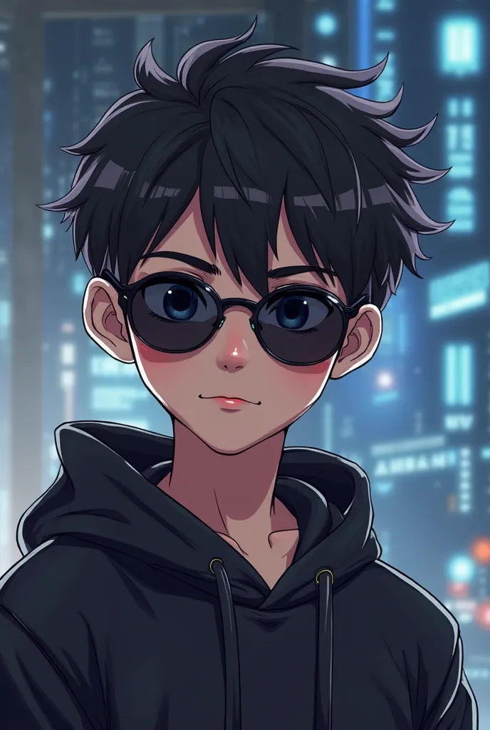 A young boy engaged in the crypto market, with a modern and cool style. He wears black sunglasses and has a confident expression. The portrait is a half-body shot, captured from the front. The background features a subtle digital or futuristic theme to emp...