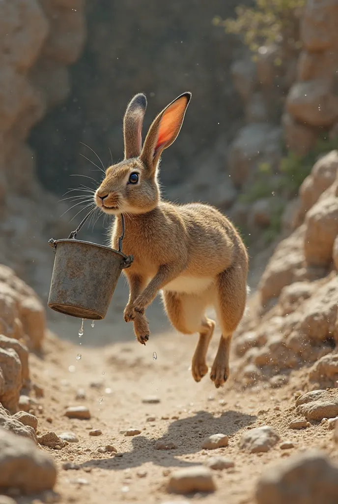 Hare jumps swiftly and elegantly over rocks, but the bucket in your mouth is leaking water.  she seems confident , But you don't notice the problem.
